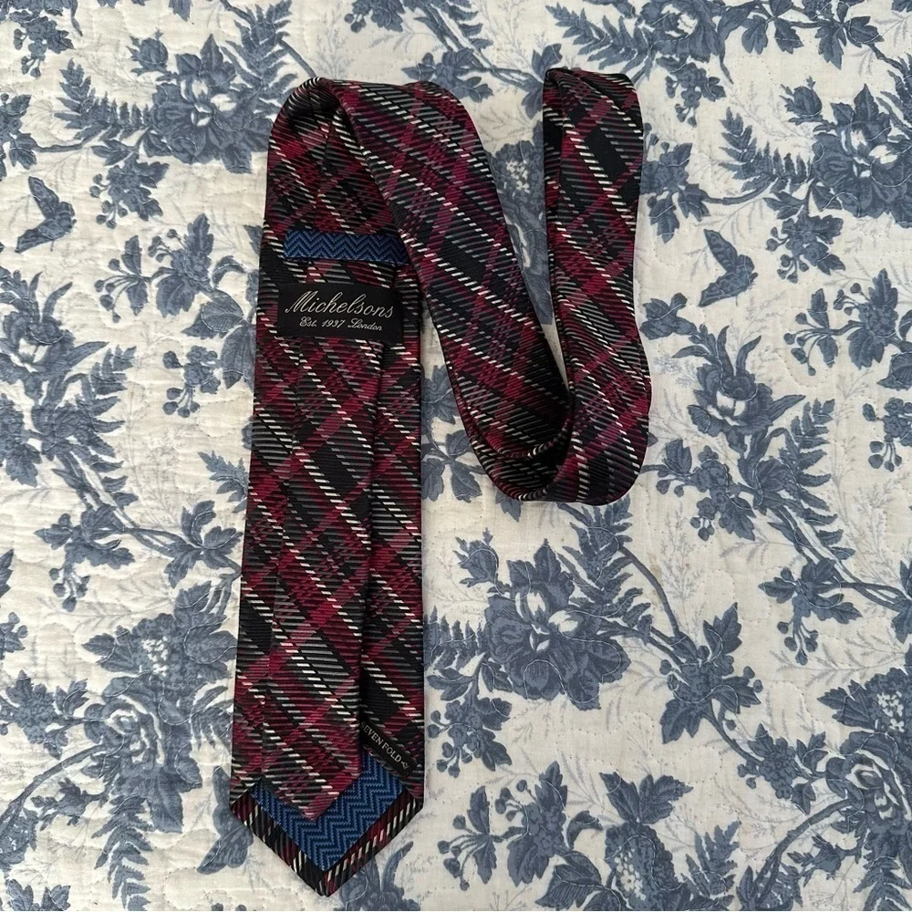 Michelsons Seven Fold Tie Red Black Gray Plaid Silk 58” x 3” Preppy Academic